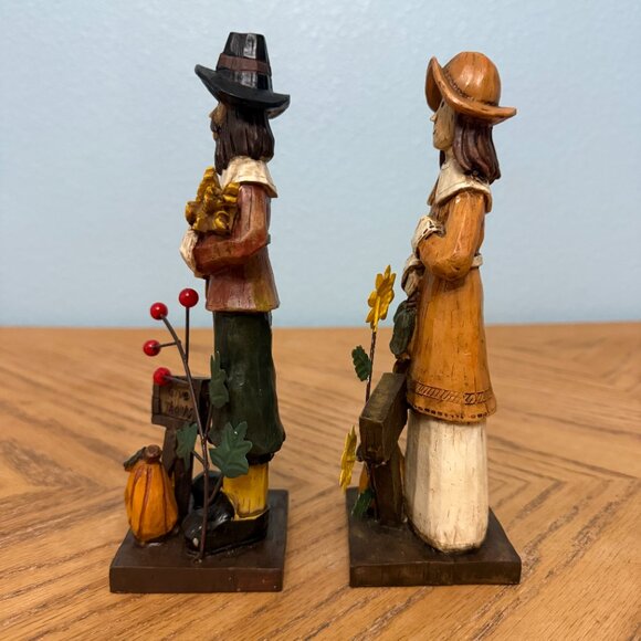 Thanksgiving Wood Pilgrim Couple Figurine Set Vintage 8" Fall Décor - Picture 3 of 11